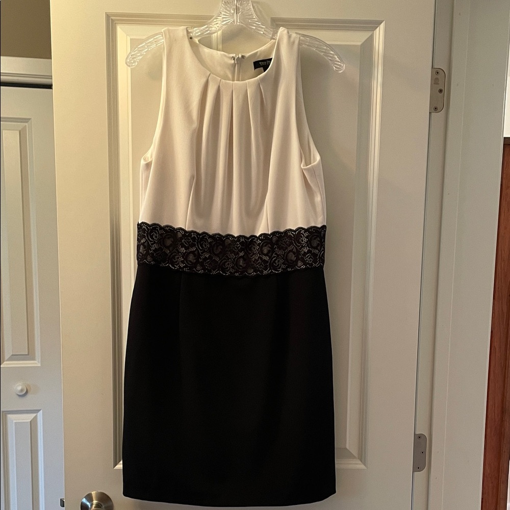 White House Black Market Black and Cream Sleeveless Sheath Dress with Lace Waist